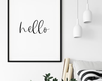 Hello Typography Print: Minimalist Black and White Wall Art (Digital Download)