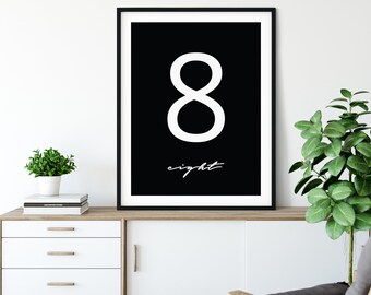 Number 8 print, printable wall art, digital print, black and white art, number prints, printable art, modern wall decor, Scandinavian design