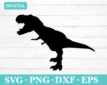 May include: Black silhouette of a Tyrannosaurus Rex dinosaur standing on a white wood background. The dinosaur is facing left with its mouth open. The image is labeled "DIGITAL" and "SVG. PNG. DXF. EPS".