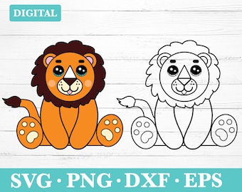 May include: A digital download of a cartoon lion in two versions: a coloured version with orange fur and a black and white outline version. The lion is sitting with its paws in front of it and has a friendly expression. The text "DIGITAL" is in the top left corner of the image.