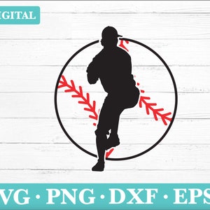 May include: Silhouette of a baseball player in a pitching stance, positioned inside a black and white baseball with red stitching.
