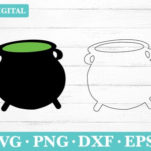 May include: A black cauldron with green liquid inside and a white outline of the same cauldron.