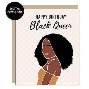 Happy Birthday Black Queen afdrukbare wenskaart, digitale download, Black Girl-wenskaart, kaart voor de verjaardag van de zwarte vrouw.