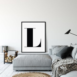 Impresión de la letra L, impresión L, impresiones de arte de pared, arte imprimible, impresión del alfabeto, tipografía, blanco y negro, minimalista, arte de pared con la letra L