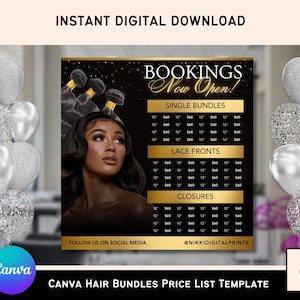Black and Gold Hair Price List Template: Wig & Salon Menu (Canva Editable, Digital Download