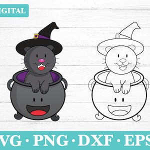 May include: A black cat wearing a witch's hat sits inside a black cauldron with a purple rim. The cauldron has a smiling face and two eyes. A line drawing of the same image is shown to the right.