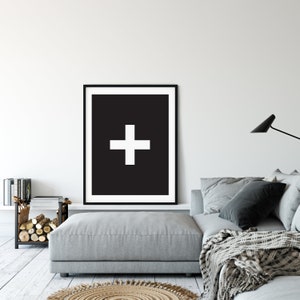 Swiss Cross Print: Black and White Plus Sign Art (Digital Download)