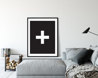 Swiss Cross Print: Black and White Plus Sign Art (Digital Download)