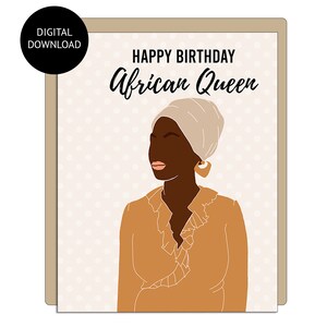 アフリカの女王の誕生日おめでとうの印刷可能なグリーティング カード、デジタル ダウンロード、黒人の女の子のグリーティング カード、黒人女性の誕生日カード。