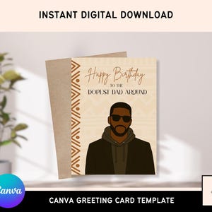Modelo de Cartão de Feliz Aniversário para o Pai Negro Mais Legal | Cartão Editável do Canva para Pai Negro | Cartão de Felicitações para Imprimir de Criança