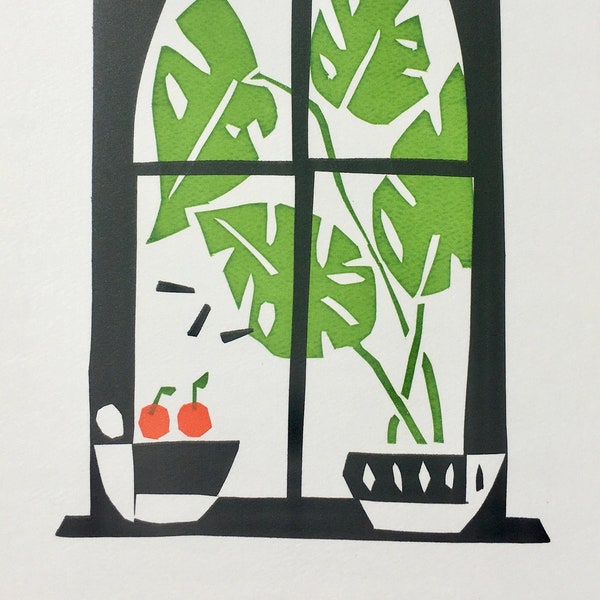 A5 Windowsill with Plant and Oranges Original Art Handprinted Screenprint