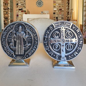 St. Benedict Pewter Doble Sided Medallion with Stand
