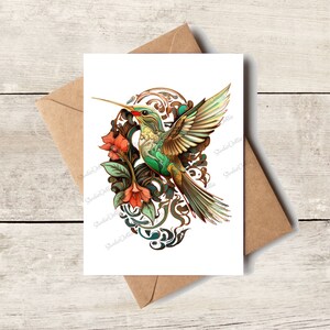 Hummingbird Greeting Card, Art Nouveau Style, Custom Gift For Bird Lovers, Cards, Birthday Card For Her, For Mom, Specialty Cards For BFF