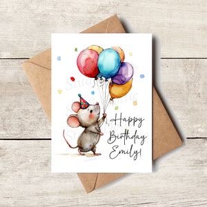 PERSONNALISEZ la carte | Carte de voeux de joyeux anniversaire | Adorable petite souris mignonne, carte de visite personnalisée pour enfants, carte de célébration d'anniversaire