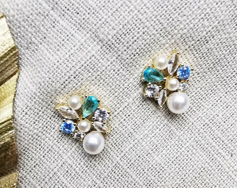 Blue Bridal Stud Earrings, Crystal Wedding Earrings, Wedding Zirconia Earrings,  Cluster Crystal Earrings, Bridesmaid Earrings, Gift.