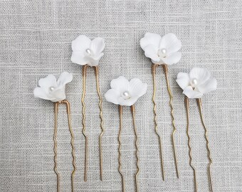 Ceramic Flower Hair Pins Set: Gold, Pearl Wedding Hair Accessories