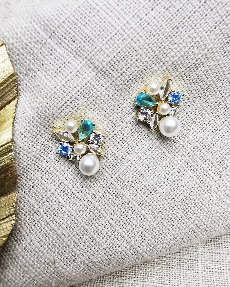 Blue Bridal Stud Earrings, Crystal Wedding Earrings, Wedding Zirconia Earrings, Cluster Crystal Earrings, Bridesmaid Earrings, Gift. image 1