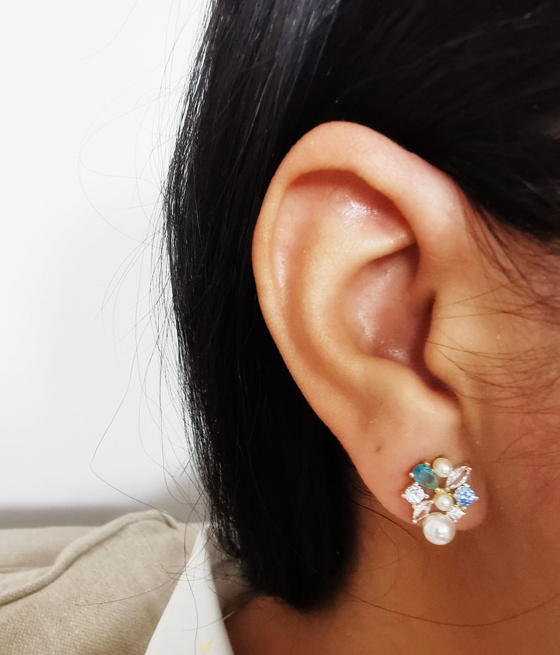 Blue Bridal Stud Earrings, Crystal Wedding Earrings, Wedding Zirconia Earrings, Cluster Crystal Earrings, Bridesmaid Earrings, Gift. image 3
