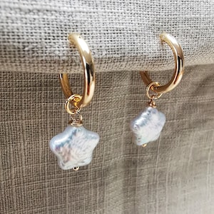 Detachable Star Freshwater Pearl Hoop Earrings, Gold Pearl Drop Hoop Earrings, Minimalist Earrings, Organic Shape Star Pearl Earrings, Gift.