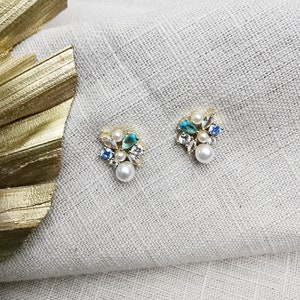 Blue Bridal Stud Earrings, Crystal Wedding Earrings, Wedding Zirconia Earrings, Cluster Crystal Earrings, Bridesmaid Earrings, Gift. image 2