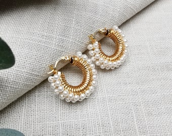 Wire Wrapped Pearl Hoop Earrings, Gold Hoop Earrings, Small Hoop Earrings, Pearl Hoops, Pearl hoop Earrings, Wire wrapped Earrings, Gift.