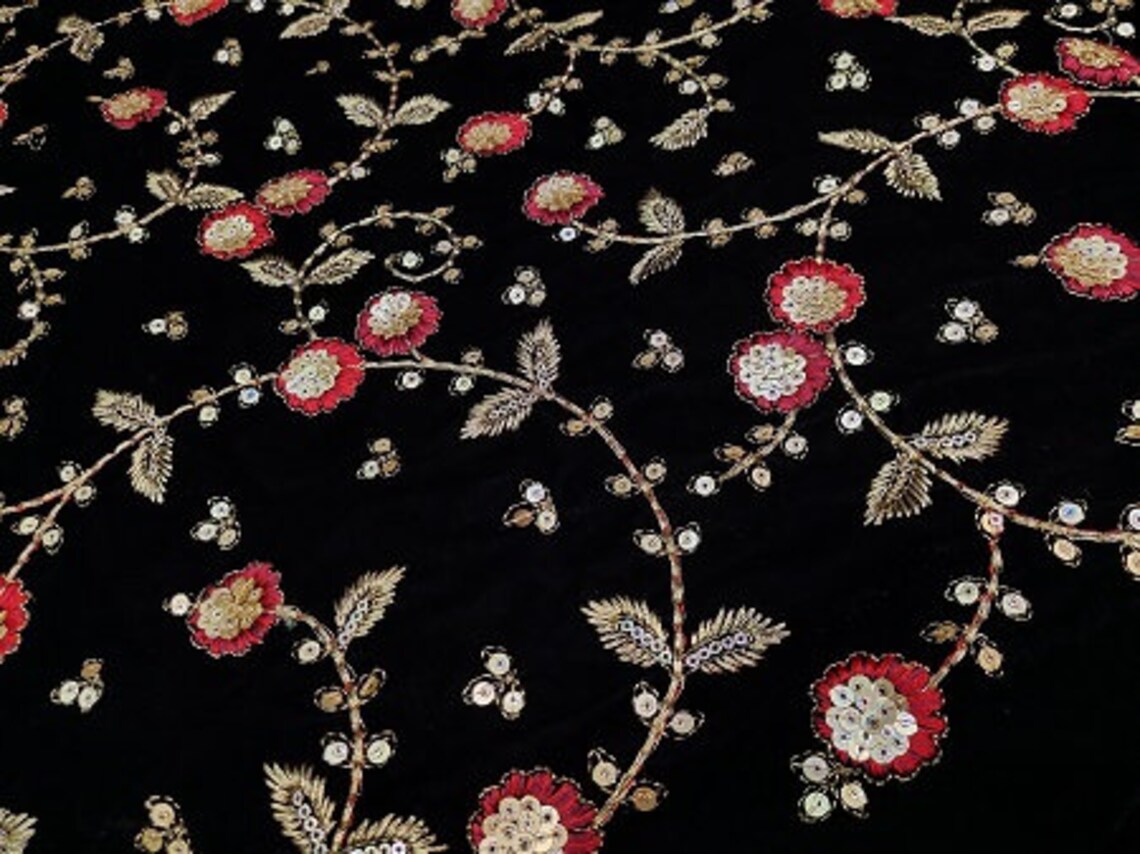Black Velvet Floral Embroidery Sequence Work Fabric By Yard Etsy