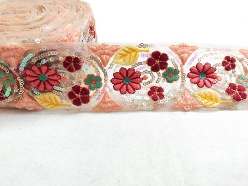 MultiColour Floral Embroidery Sequence Work Net Laces 10 Yards