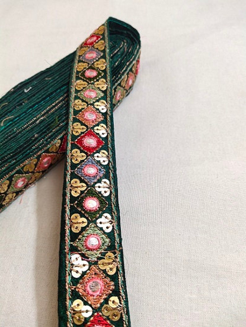 Bottle Green Embroidery Sequence Mirror Work Laces 10 Yards