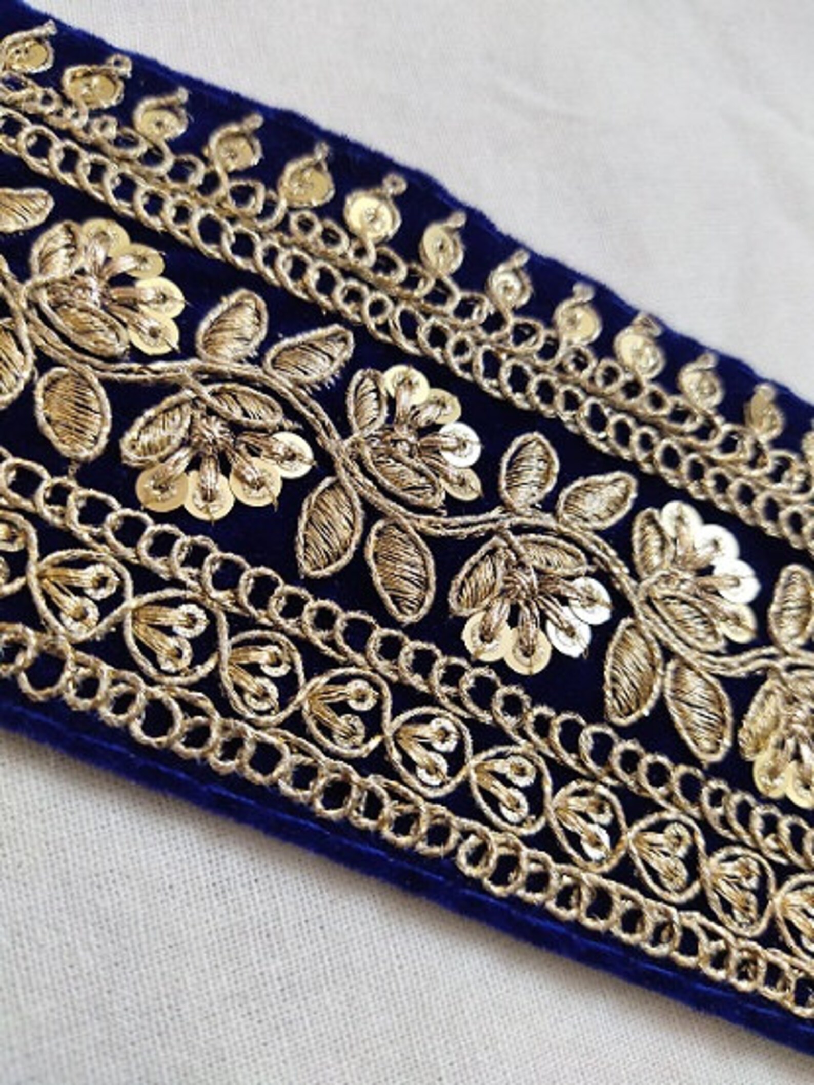 Royal Blue Velvet Sequence Jari Floral Design Work Laces 10 | Etsy