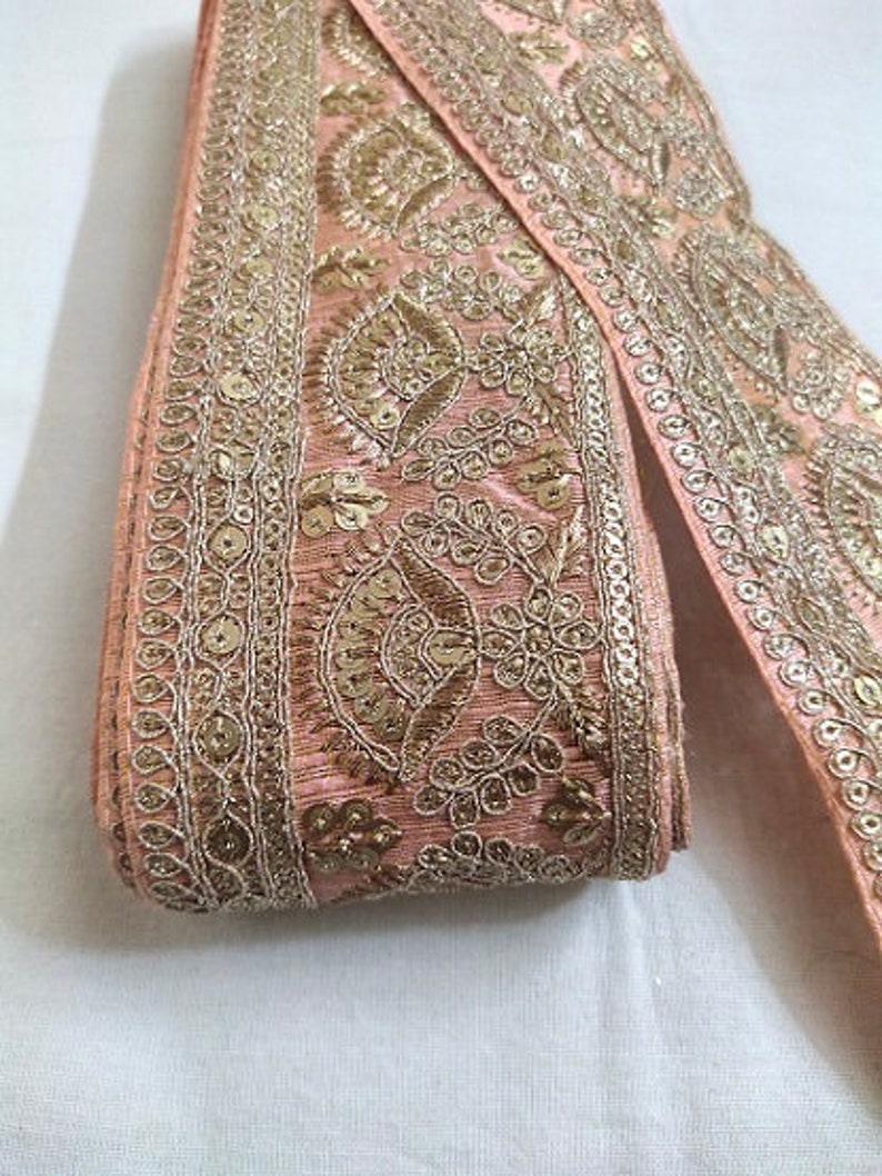 Dark Peach Floral Sequence Jari Work Laces 10 Yards