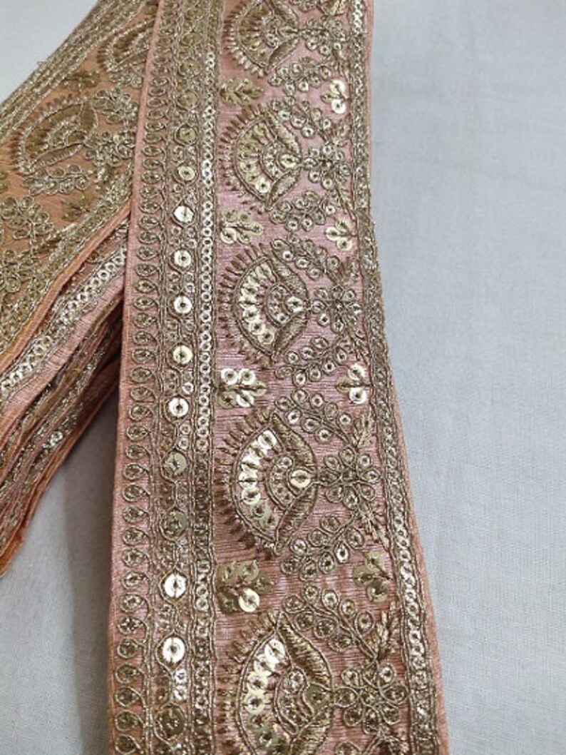 Dark Peach Floral Sequence Jari Work Laces 10 Yards
