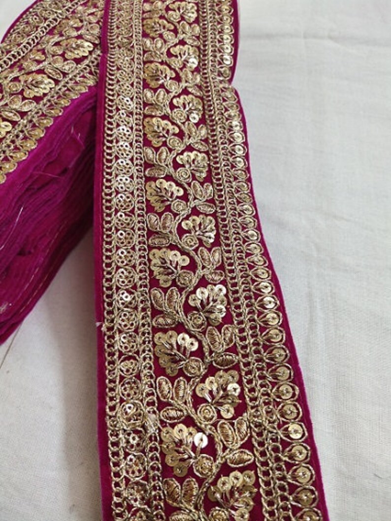 Dark Pink Velvet Sequence Work Floral Design Laces 10 Yards