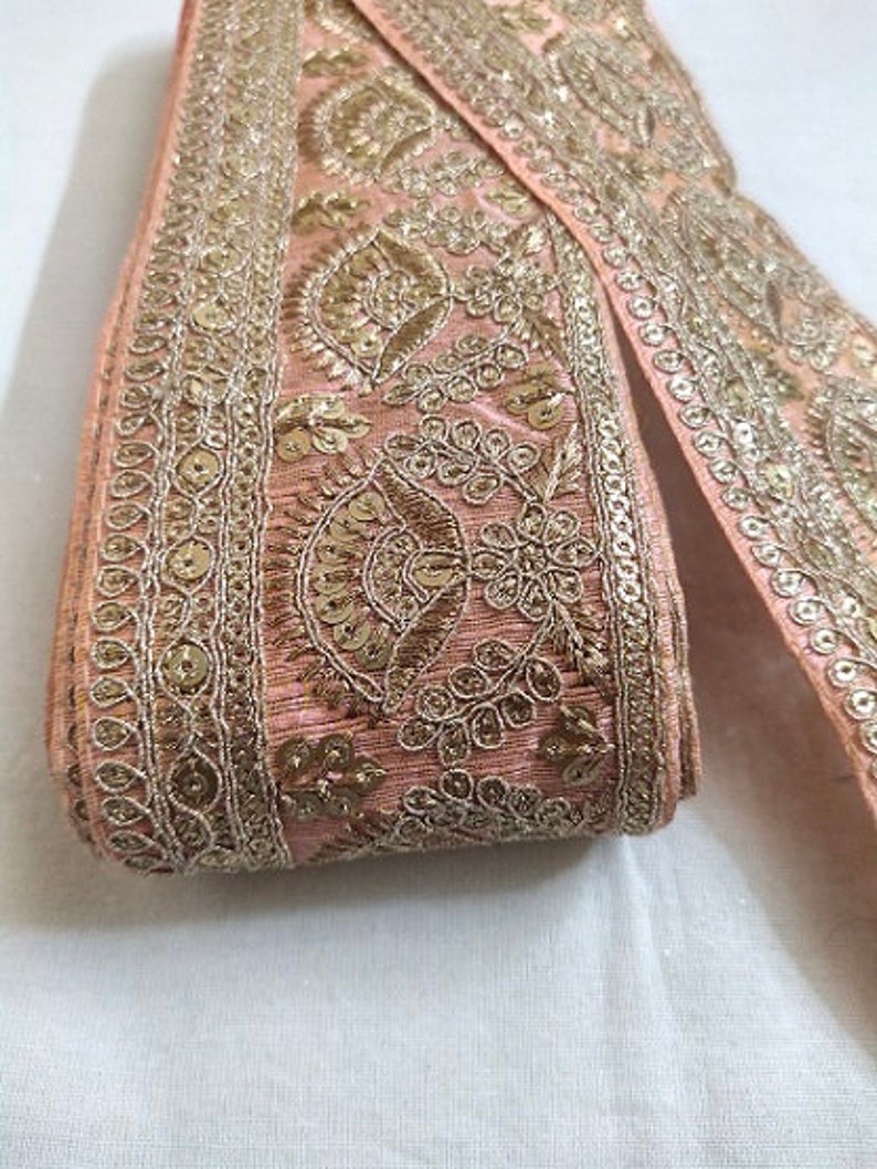 Dark Peach Floral Sequence Jari Work Laces 10 Yards