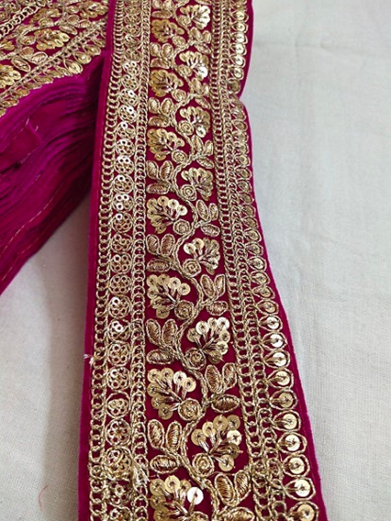 Dark Pink Velvet Sequence Work Floral Design Laces 10 Yards