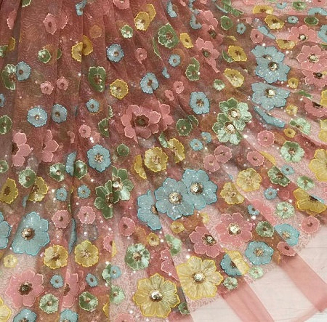 Multicolor Floral Embroidery Sequence Work Pink Net Fabric By Etsy