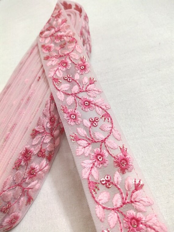 Pink Floral Thread Embroidery Sequins Work Laces 10 Yards | Etsy