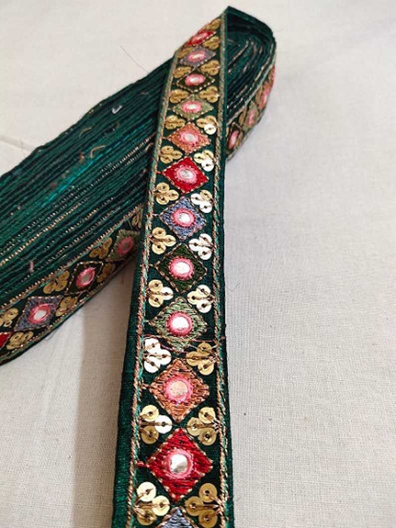 Bottle Green Embroidery Sequence Mirror Work Laces 10 Yards
