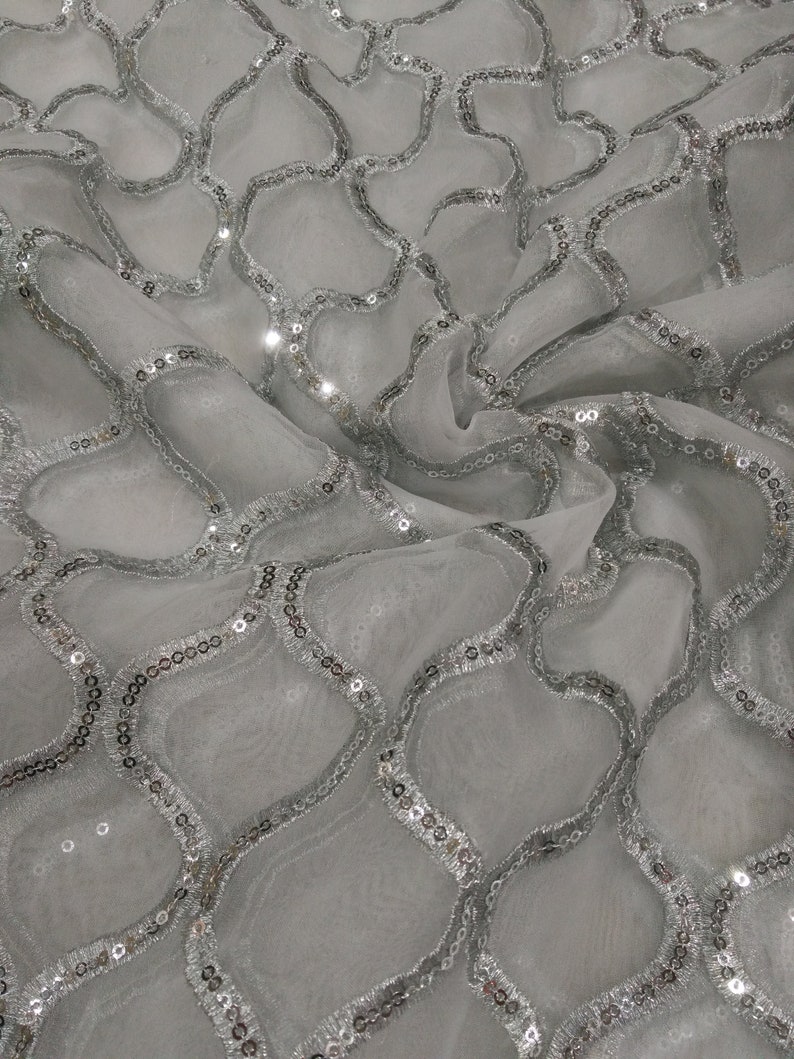 Silver Sequins Work Dyeable Organza Fabric By Yard Etsy