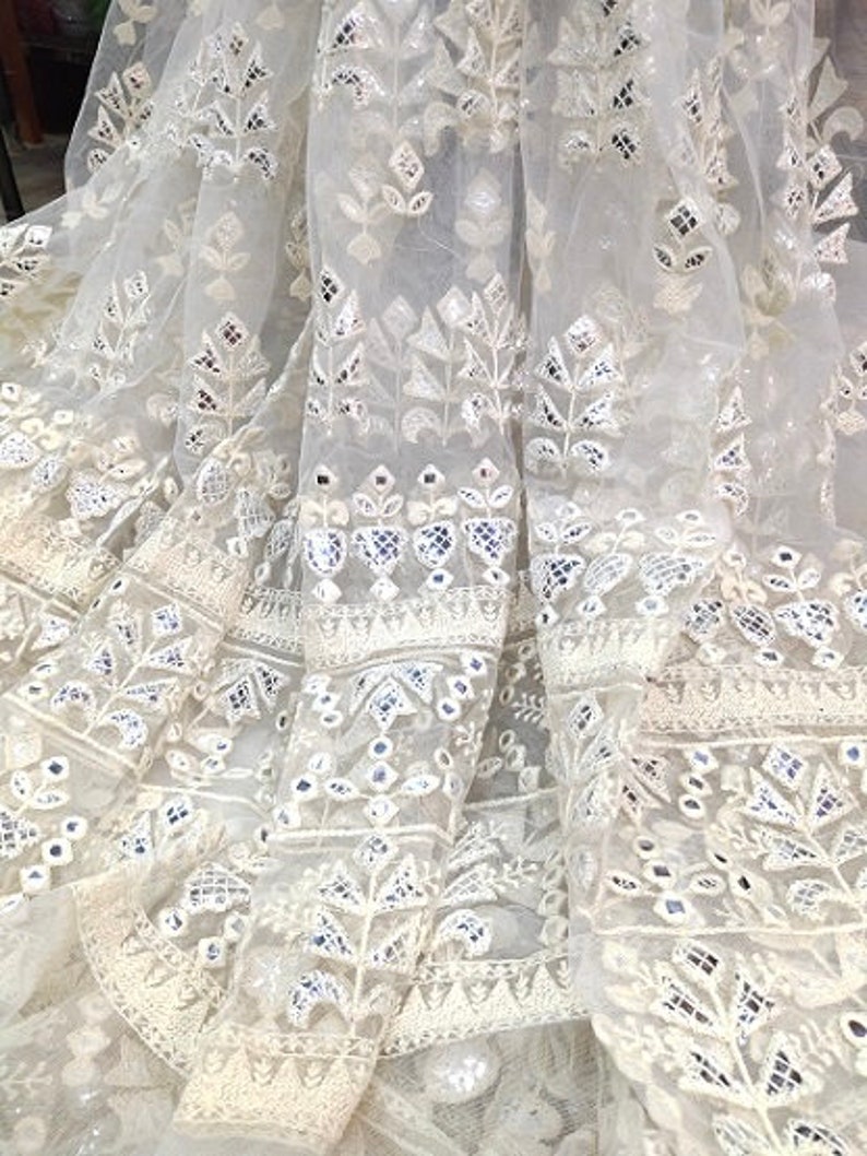 Dyeable Thread Embroidery Silver Gota Work Net Fabric By Yard Etsy