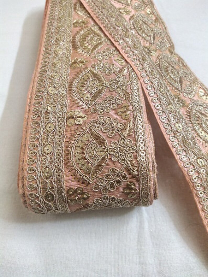 Dark Peach Floral Sequence Jari Work Laces 10 Yards