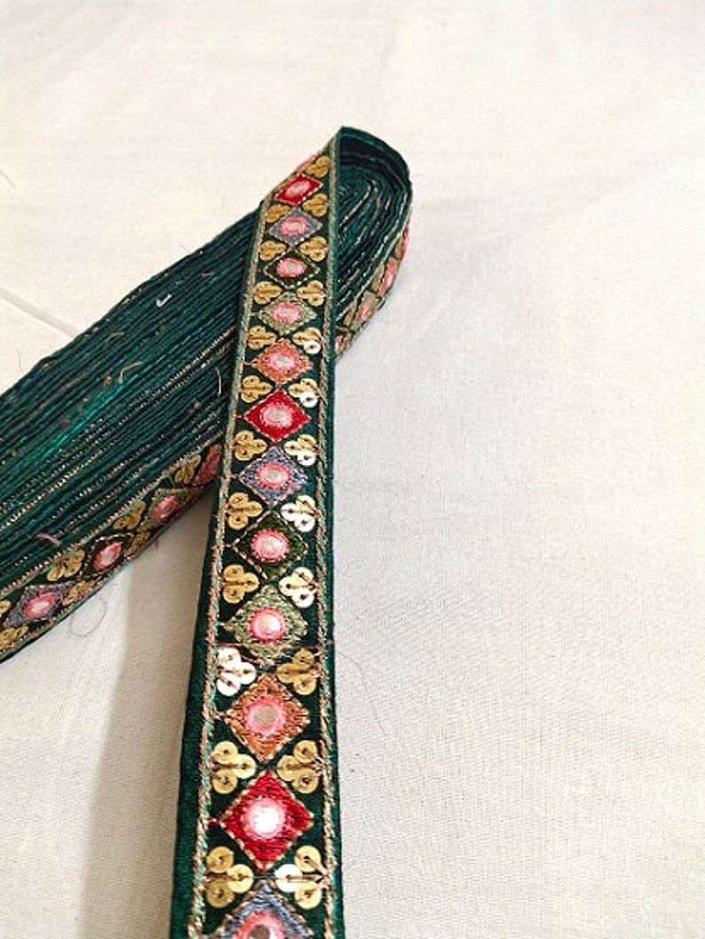 Bottle Green Embroidery Sequence Mirror Work Laces 10 Yards
