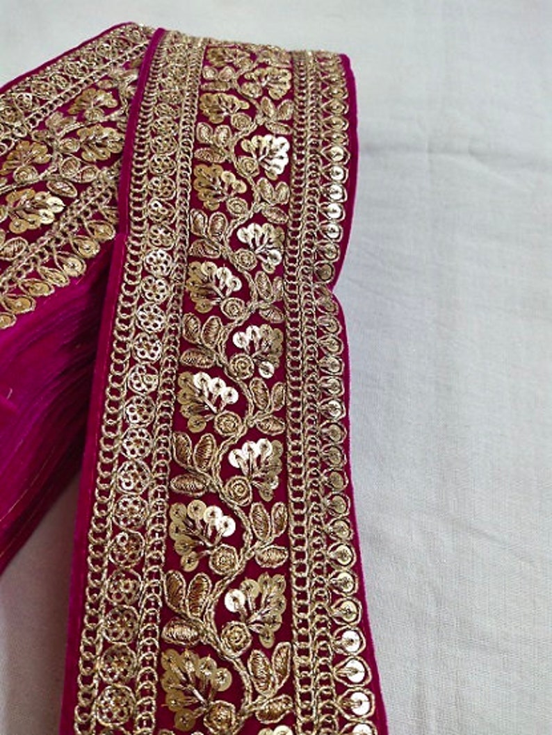 Dark Pink Velvet Sequence Work Floral Design Laces 10 Yards