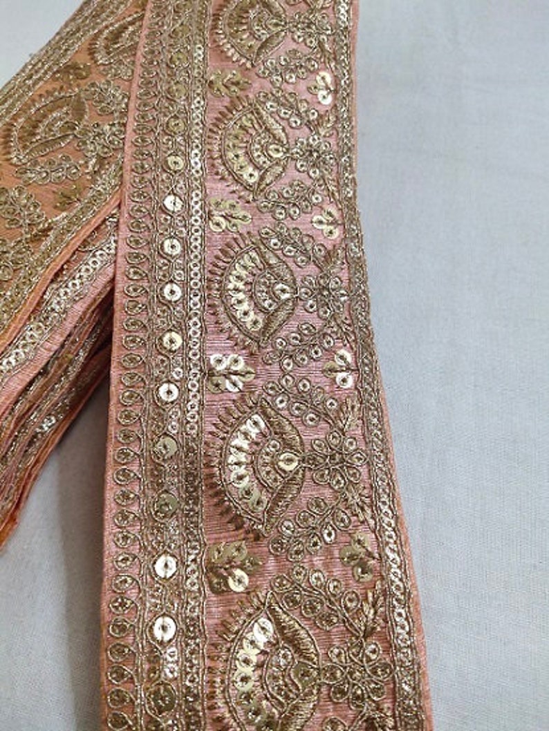 Dark Peach Floral Sequence Jari Work Laces 10 Yards