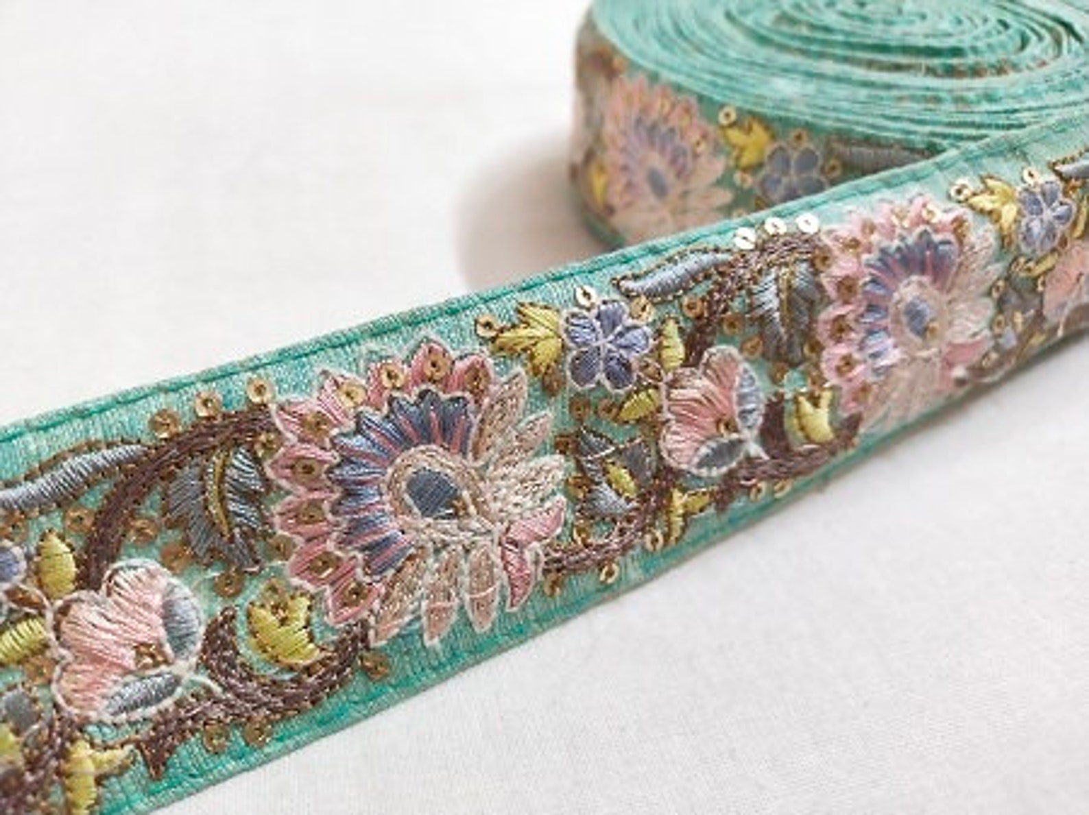 Wholesale 10 Yards Mint Blue Floral Embroidery Sequence Work Etsy