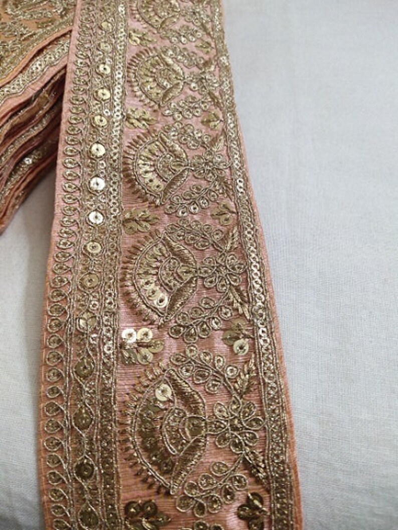 Dark Peach Floral Sequence Jari Work Laces 10 Yards