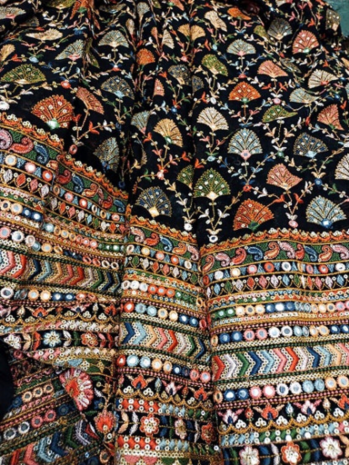 Black Multicolor Floral Embroidery Sequence Mirror Work Fabric Etsy