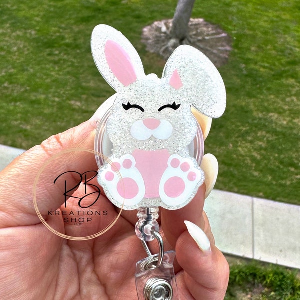 Cute Bunny Badge holder, Easter bunny badge reel with detachable carrot charm, Sitting Bunny badge reel, Animal reel