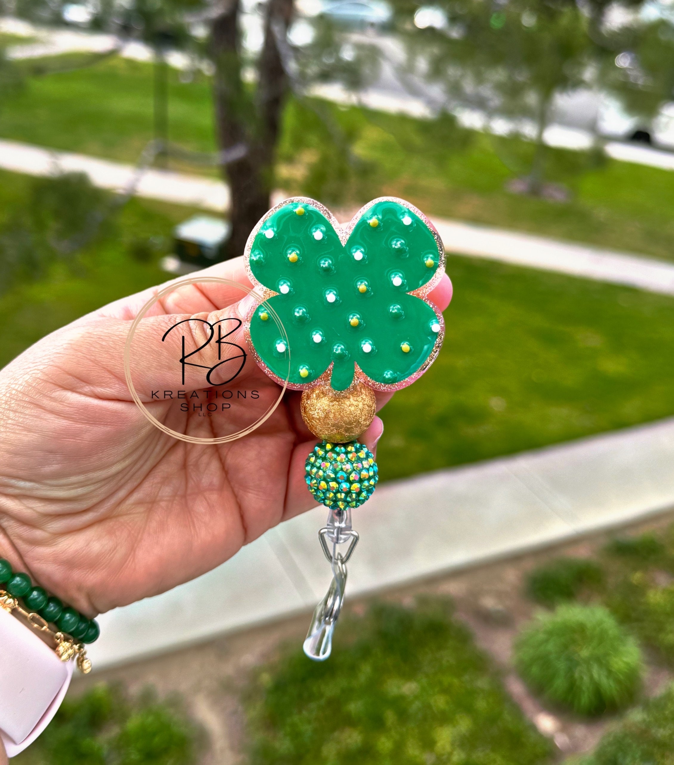 Chubby Clover Beaded badge reel #2 Sprinkled Clover Badge reel Beaded badge reel Retractable