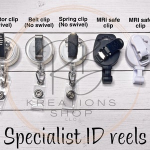 May include: Five different types of retractable badge reels with various clip styles. The clips include an alligator clip, a belt clip, a spring clip, and two MRI safe clips. The reels are all clear plastic with a silver button.