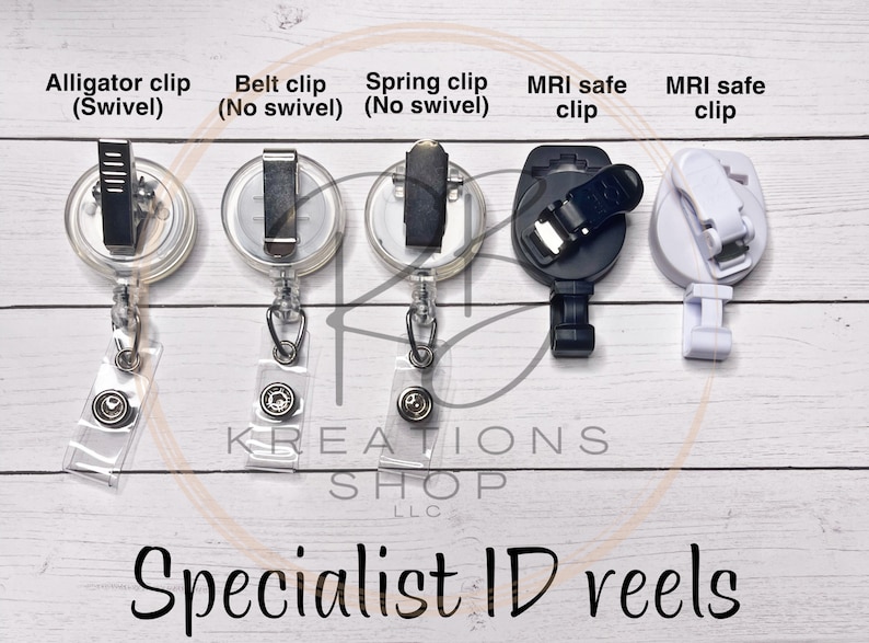 May include: Five different types of retractable badge reels with various clip styles. The clips include an alligator clip, a belt clip, a spring clip, and two MRI safe clips. The reels are all clear plastic with a silver button.